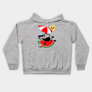 Cat Cartoon and Juicy Watermelon Summertime Chill Humorous Character Kids Hoodie